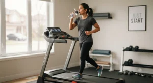 A beginner runner drinking water from a bottle while exercising on a treadmill for new runners.