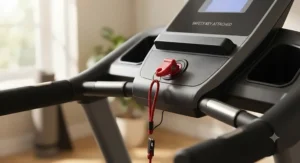 A magnetic safety key attached to the console of a reliable starter treadmill for safe home exercising.