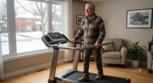 An older adult safely using a best walking treadmill with handrails in a Canadian home.