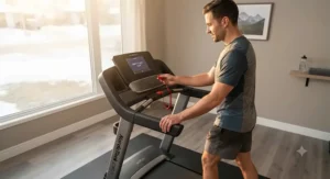 Runner testing the emergency safety key on a newly installed treadmill for first-time buyers.