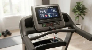 Detailed shot of a console displaying workout metrics on a low-impact treadmill for joint pain.