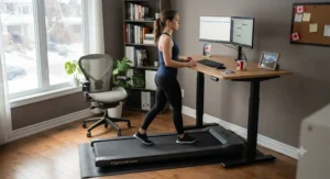 A slim, simple treadmill for home use tucked underneath a standing desk in a Canadian home office.