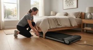 A slim, space-saving treadmill easily sliding underneath a bed in a small apartment bedroom.