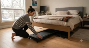 A slim, low-profile under-desk treadmill easily sliding underneath a bed in a small Canadian apartment.