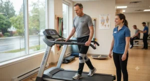 A beginner using a gentle exercise treadmill with slow-speed settings for post-injury recovery and light mobility.