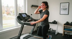 A smiling runner feeling accomplished after completing a workout on a treadmill for new runners.
