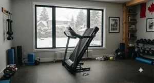 A space-saving folding treadmill neatly folded upright in a modern Canadian condo to maximize floor space.