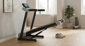 Side profile of a starter treadmill showing its adjustable incline setting for varied home workouts.