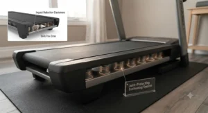 Illustration highlighting joint-protecting deck cushioning on a treadmill for first-time buyers.