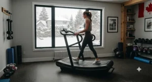 A beginner fitness enthusiast walking on a non-motorized manual treadmill, controlling the belt speed with natural stride.