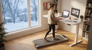 A person staying active during cold Canadian winters by walking on an under-desk treadmill indoors.