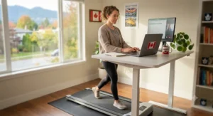 A remote worker in Canada typing on a laptop while using an under-desk walking treadmill.