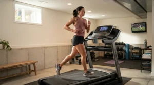 A fitness enthusiast testing the best running treadmill in a modern Canadian basement gym setup.