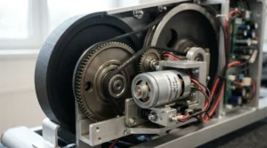 Close-up of a high continuous horsepower motor inside the best running treadmill during a fast workout.