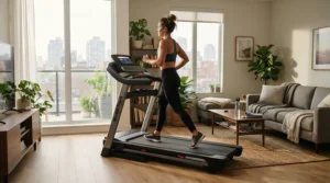 A quiet motor running smoothly on the best running treadmill inside a high-rise apartment.