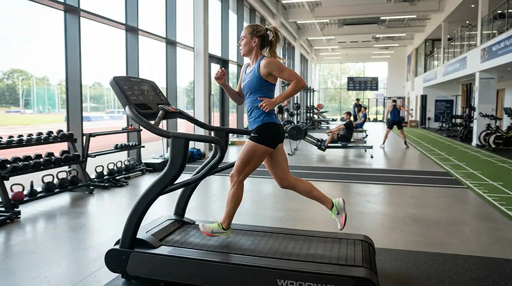 An athlete enjoying a long stride on the wide running deck of the best running treadmill.