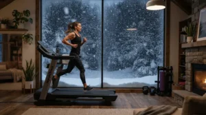 Using the best running treadmill indoors during a snowy Canadian winter day.