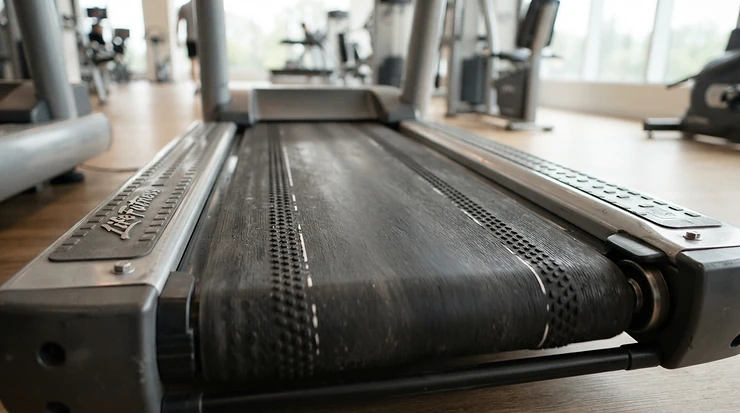 Close-up view of a durable treadmill for long-distance running featuring an extended belt and reinforced frame for intense training.