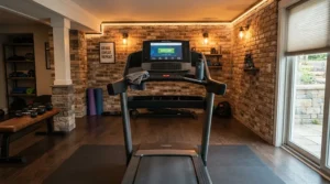 Basement setup featuring a heavy duty treadmill for larger runners for convenient daily cardio workouts.
