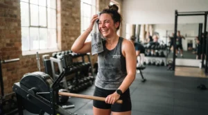 A smiling runner completing a long-distance session on a heavy duty treadmill for larger runners.