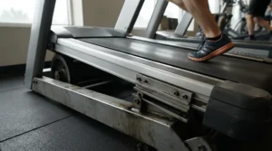 Close-up of a heavy duty treadmill for larger runners showing reinforced frame stability during a fast sprint.