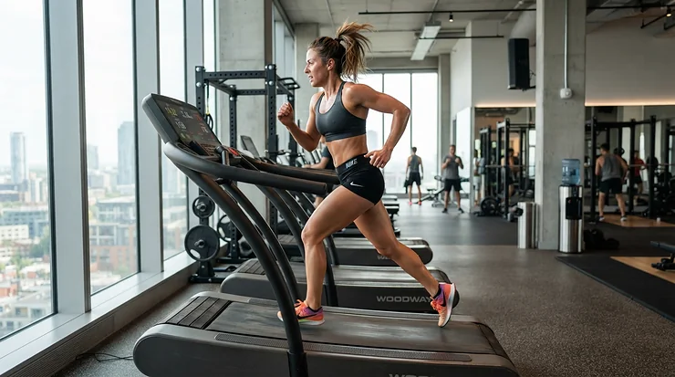 Heavy duty treadmill for larger runners supporting a heavier body weight safely during interval training.