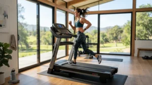 A person running on a heavy duty treadmill for larger runners in a bright home gym setup in Vancouver.