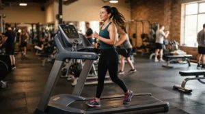 Plus-size runner training on a heavy duty treadmill for larger runners during an evening workout.