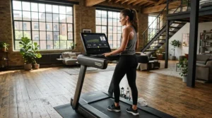 Athlete checking the weight capacity rating console on a heavy duty treadmill for larger runners in Toronto.