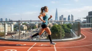 Side-profile view of proper running form on an incline treadmill for runners during high-intensity training.