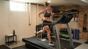 An incline treadmill for runners set to a steep gradient during a simulated hill training session in a home gym.