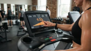 Setting up the optimal incline percentage for runners on a modern touchscreen treadmill interface.