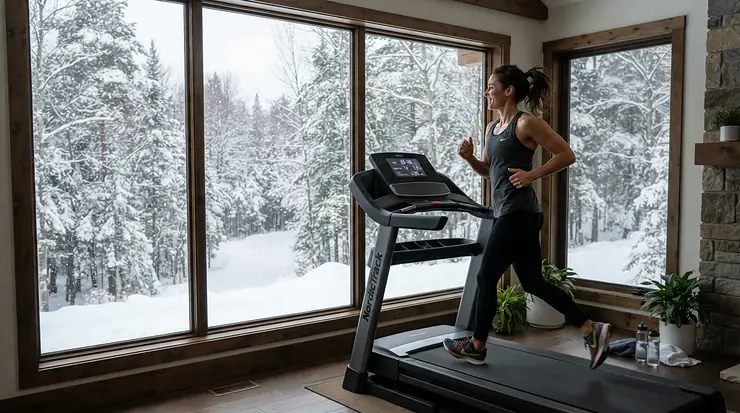 An incline treadmill for runners positioned by a window showing a snowy landscape during an indoor winter workout.
