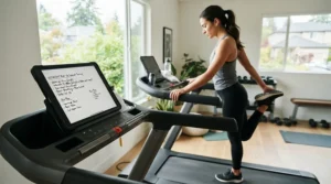Runner reviewing a training schedule on a tablet beside a treadmill for half marathon training.
