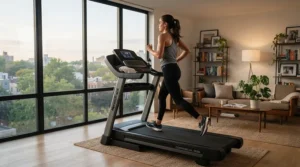A dedicated runner building mid-distance endurance using a treadmill for half marathon training in an apartment.