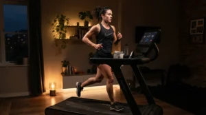 Evening workout routine utilizing a treadmill for half marathon training after a long workday.