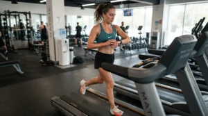 Runner checking smartwatch while using a treadmill for half marathon training to monitor split times.
