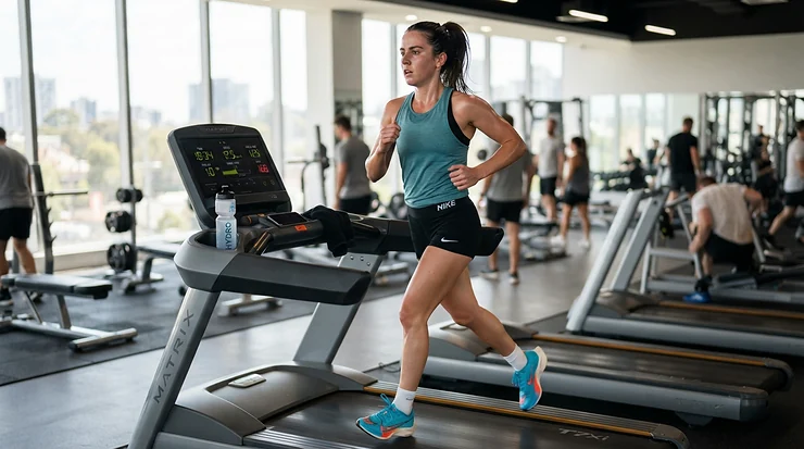 Athlete simulating race-day pacing on a treadmill for half marathon training with a hydration flask nearby.