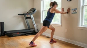 Post-workout stretching routine next to a treadmill for half marathon training in a home gym.