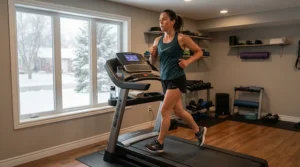 A runner using a treadmill for half marathon training in a Canadian basement during winter, staying ready for spring races.