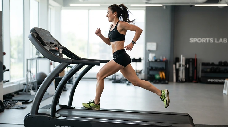 A tall runner utilizing the spacious belt length on a treadmill for intermediate runners during a stride test.