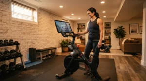 A runner unboxing a new treadmill for intermediate runners as an upgrade for their basement fitness room.