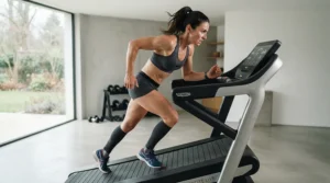 A runner tackling a steep hill climb on a treadmill for intermediate runners in a Vancouver fitness studio.