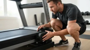 A runner checking the motor compartment of a durable treadmill for intermediate runners after a long workout.
