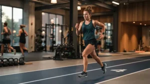 An athlete using a sturdy treadmill for intermediate runners during a regular evening training session.