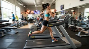 An enthusiastic athlete performing a high-speed interval workout on a treadmill for intermediate runners.