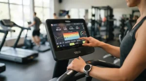 A runner selecting automated training program presets on the console of a treadmill for intermediate runners.