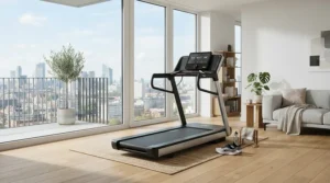 Compact treadmill for interval training set up in a modern urban apartment living room.