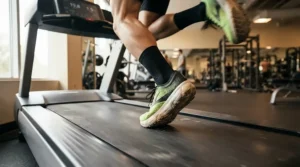 An athlete performing a high-intensity HIIT treadmill session on a modern treadmill for interval training.