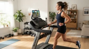 A person following treadmill interval workout programs on a treadmill for interval training in a bright basement gym.